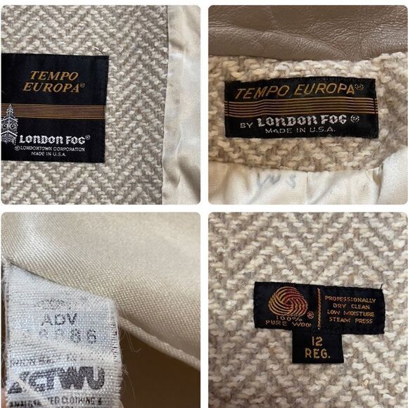 London Fog Tempo Europa Vintage Pure Wool Leather Collar Trench Coat Size 12 - Picture 15 of 15